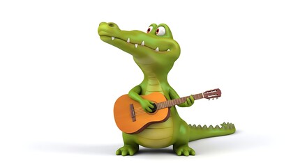 A vibrant cartoon alligator plays guitar, bringing music and joy against a bright white backdrop.
