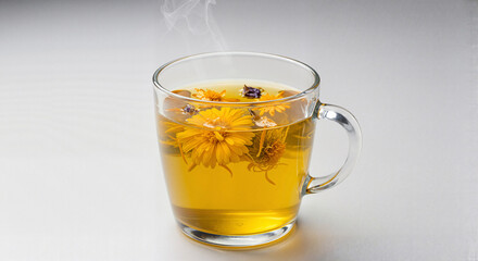 Herbal tea with flowers steaming in a glass cup  