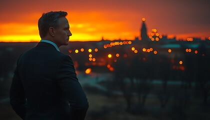 Fototapeta premium Mature businessman contemplates cityscape at sunrise.