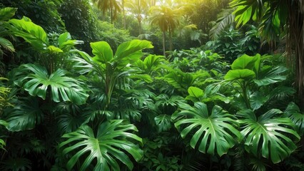 A close-up view of lush tropical foliage featuring large, glossy green leaves, including split and elongated forms