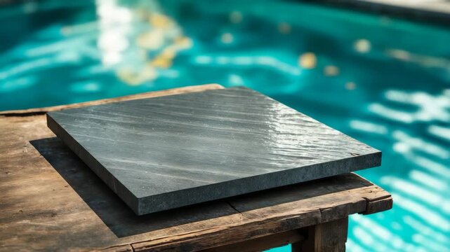 Stone board on an empty table with abstract blurred background