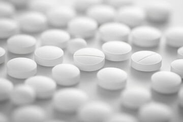 Scattered White Tablets on Surface in Close-Up View