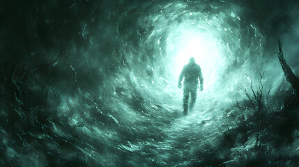 Fototapeta premium Solitary figure walks towards a bright light at the end of a dark, swirling tunnel. Mysterious and evocative digital art.