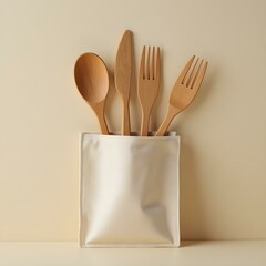 Minimal Bamboo Cutlery Set in Roll-Up Pouch Mockup – Sustainable Utensils Display