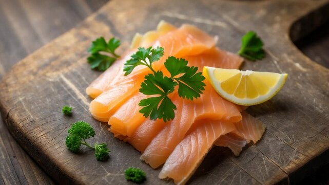 Close-up of traditional smoked salmon slices garnished with parsley and lemon on rustic wooden chopping board with text space