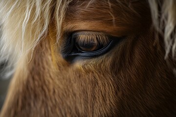 A close up view of a horse's eye with brown fur and blonde mane in a detailed macro photograph