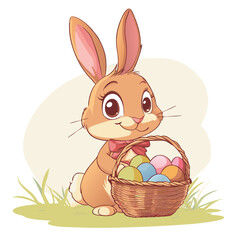 Happy Easter card with cute baby bunny, wicker basket and colored eggs.