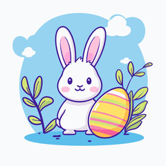 Cute rabbit and egg. Vector Easter icon in line art style.