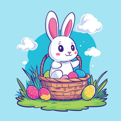 Cute baby rabbit, wicker basket and eggs. Vector Easter icon in line art style.