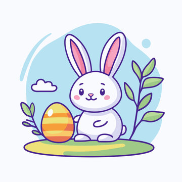 Cute rabbit and egg. Line art style. Vector Easter icon.