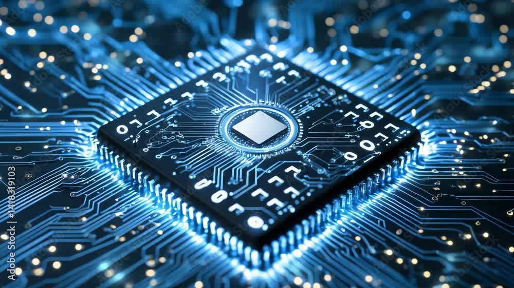 Poster digital binary data on microchip with glowing circuit board background, animated graphic