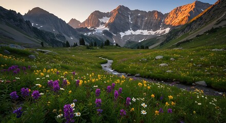 Fototapeta premium Mountain Valley with Stream and Wildflowers