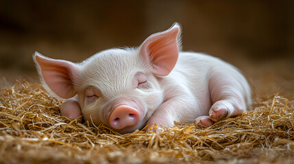 Adorable sleeping piglet nestled in hay, peaceful farm animal, cute baby pig.
