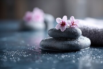 Zen Stones and Pink Flowers in Water Creating Spa Atmosphere