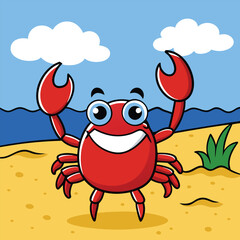 A cute red cartoon crab character from the sea holds a sign with a smile