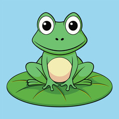 Cute green cartoon frog is sitting happily on a white background Vector