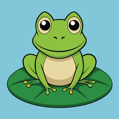 Cute green cartoon frog is sitting happily on a white background Vector