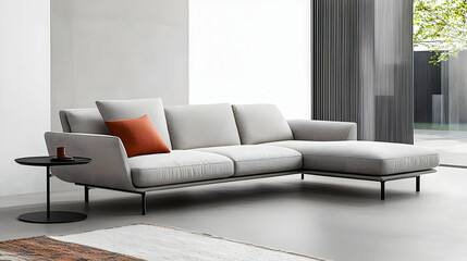 Modern L Shaped Sofa With Light Grey Fabric And Orange Pillows