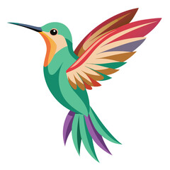 Vector art shows a flying hummingbird, a tropical bird with a long beak and vibrant wings, near a flower, illustrating nature and wildlife
