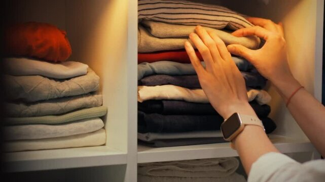 Folding and organizing clothes in a well-lit closet helps create a tidy living space. The activity takes place indoors, promoting a sense of order and efficiency in daily life