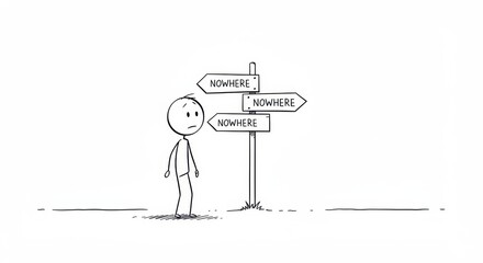 Confused stick figure facing multiple paths