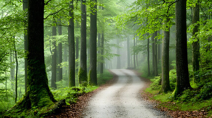 Obraz premium Misty Forest Path Winding Through Lush Green Trees