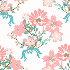 Vector ikat blooming floral seamless pattern