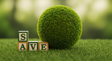 Green Mossy Sphere with SAVE Wooden Blocks &ndash; Eco-Friendly Conservation Concept

