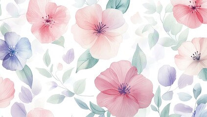 Pastel watercolor floral pattern with pink, blue flowers and leaves on white background.