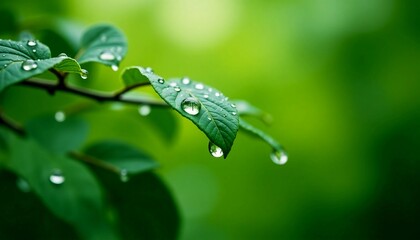 Serene droplets of water rest on vibrant green leaves in a peaceful forest setting, glistening in the soft light of early morning, showcasing nature's delicate artistry Generative AI