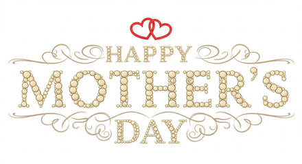 Elegant pearl-like happy mother’s day text with intertwined red hearts on white background
