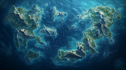 Fototapeta premium underwater world map, coral reefs, trench lines, marine volcanoes, glowing bioluminescent effects, fantasy ocean atlas