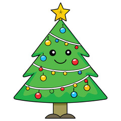Cute face green fir tree vector illustration for a merry xmas holiday celebration with star ornament