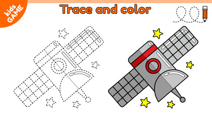 Space educational kids game. Trace and color. Connect dotted lines. Draw a cartoon satellite. Probe in cosmos. Handwriting practice worksheet. Writing page for education children. Vector illustration.