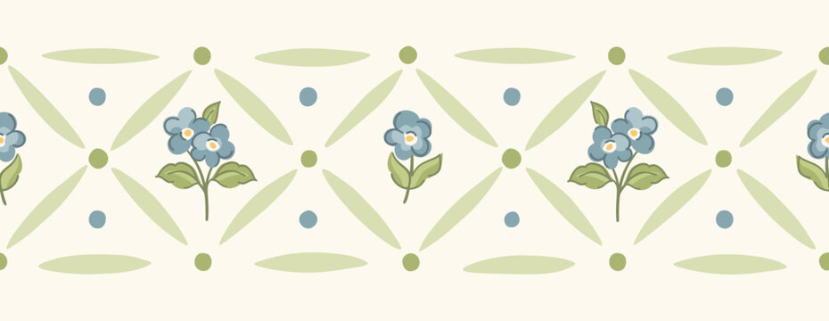 Vintage floral trellis border with forget me nots and geometric diamond trellis. Spring garden design for timeless textiles and cottagecore stationery.