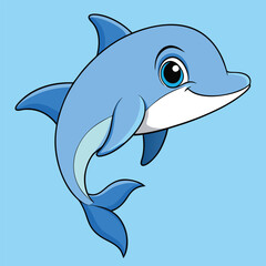 Fototapeta premium A blue vector illustration shows a cute cartoon dolphin swimming in the ocean near a vector illustration of a cartoon shark, both marine animals in their underwater nature