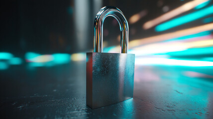 Close-up of metallic padlock on dark surface, vibrant teal background blur, symbolizing security, protection, and privacy, ideal for digital security concepts