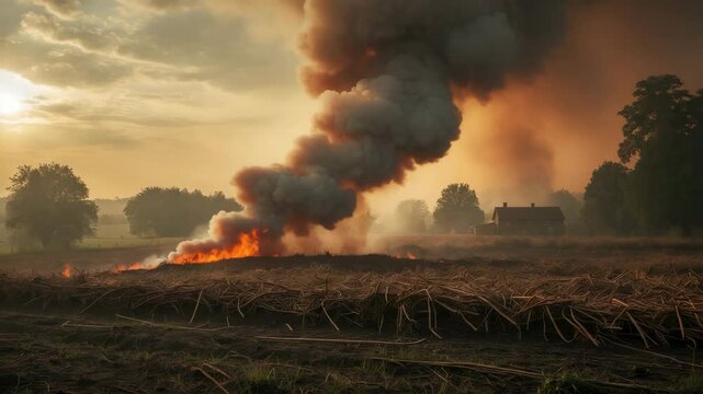 Stubble burning to prepare a field for the next crop cycle, with smoke emanating from the fire.