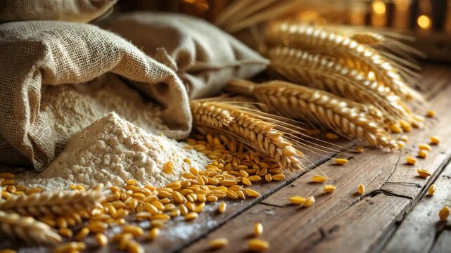 Organic Natural Whole Grain Flour in Sacks alongside Wheat Seeds and Ears of Wheat on an Antique Wooden Floor