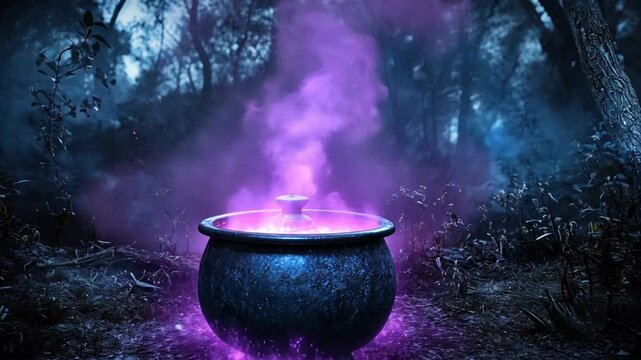 Mystical Cauldron in Enchanting Forest at Night