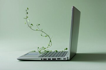 Delicate Green Vine Growing Out of a Laptop Keyboard