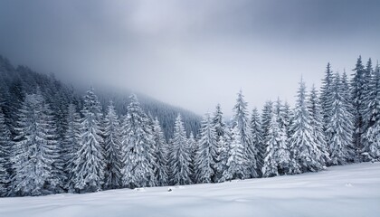Fototapeta premium Frozen snow covered fir forest after snowfall and gray sky in haze at winter day Carpathian Mountains Ukraine