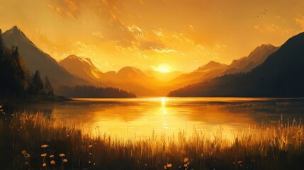 Obraz premium A beautiful scenic landscape displays a sunset over a calm lake