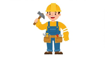Happy handyman cartoon illustration construction worker with tools