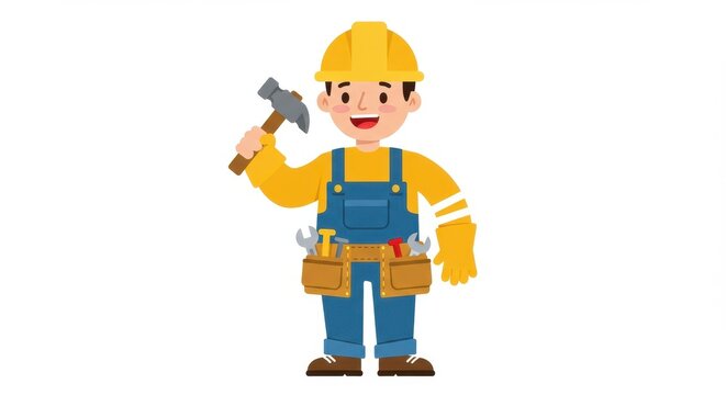 Happy handyman cartoon illustration construction worker with tools