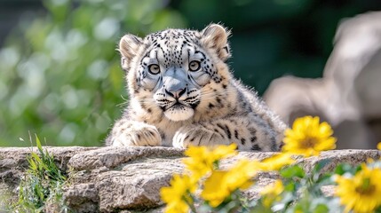 Naklejka premium Adorable snow leopard cub with sunflowers captivating wildlife portrait