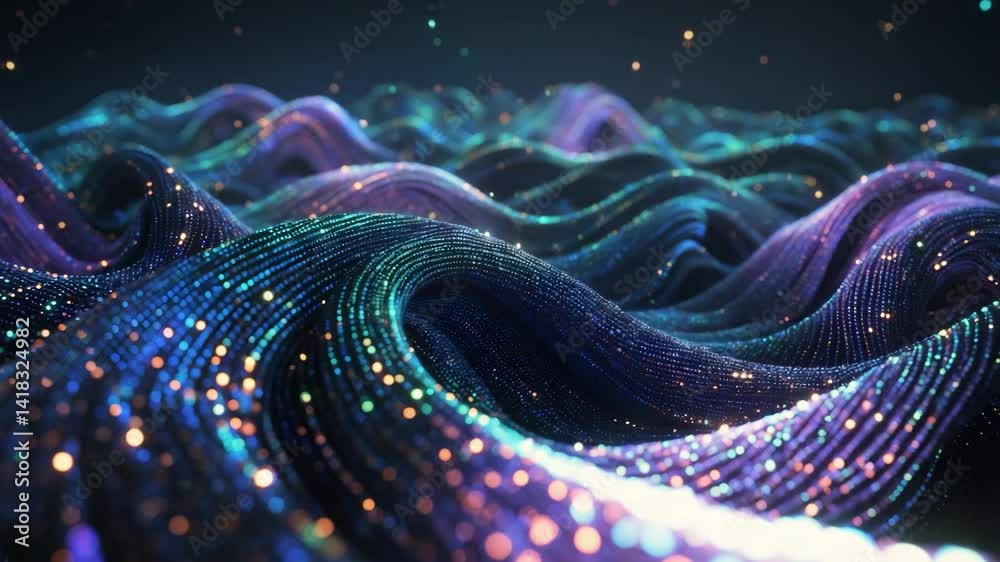 Poster futuristic digital wave featuring dots in dark cyberspace with abstract music background and particl