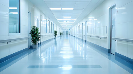 Obraz premium Empty Hospital Corridor With Reflective Floor And Bright Lighting