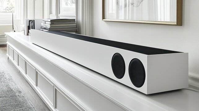 Sleek white soundbar with two subwoofers, sits on a white media console in a modern living room