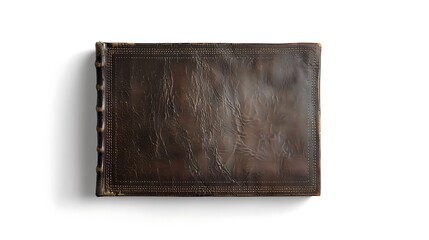 Classic leather-bound book closed, seen from above, isolated on a clean white background.